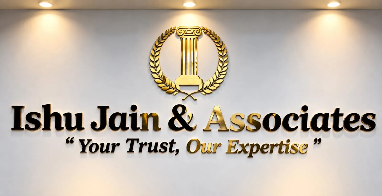 The Ishu Jain & Associates name, logo and tagline "Your Trust, Our Expertise" in gold on the reception wall
